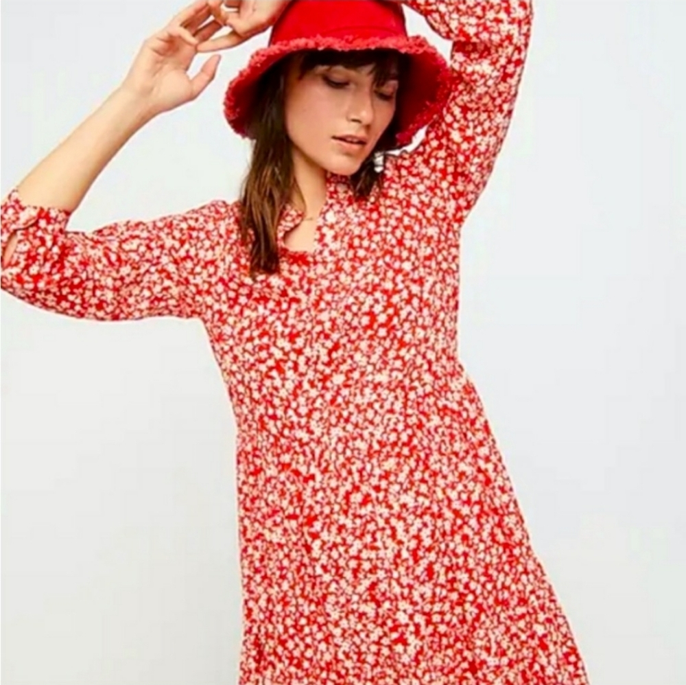 J. Crew Ditsy Floral Tiered Shirtdress Sz S  Red White Cottagecore Twee Prarie - Picture 2 of 13